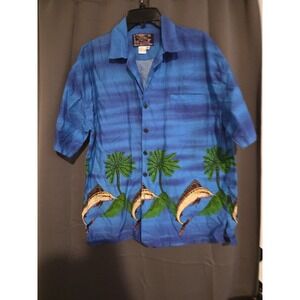 Basix Blue Hawaiian‎ Shirt, Men's Medium Aloha Top, Marlin & Palm Tree Design